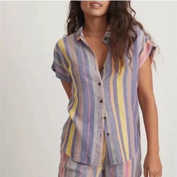 Marine Layer Tops - Marine Layer Dana Short Sleeve Shirt Blue Variegated Stripe Large Button Top